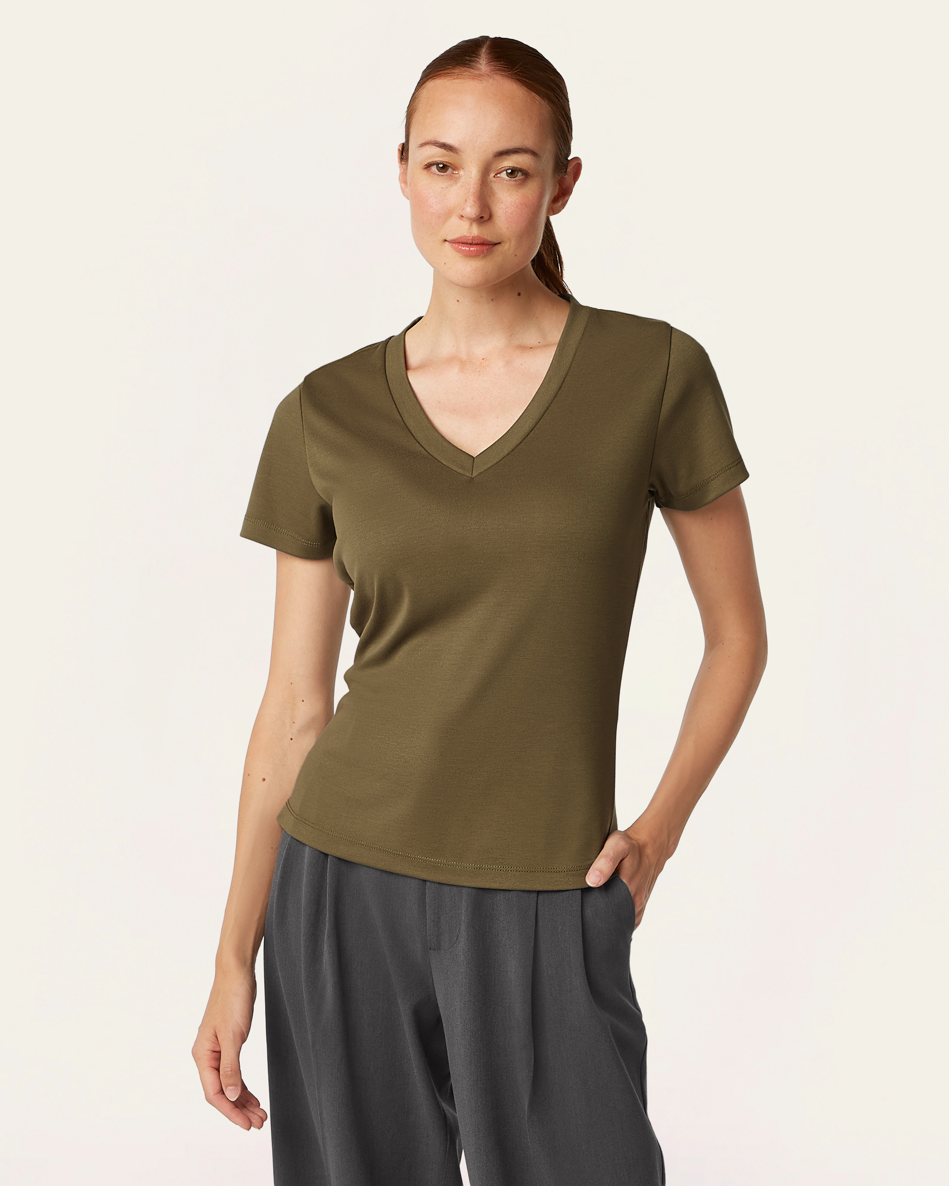 Interlock V-neck Slim T-shirt - Olive