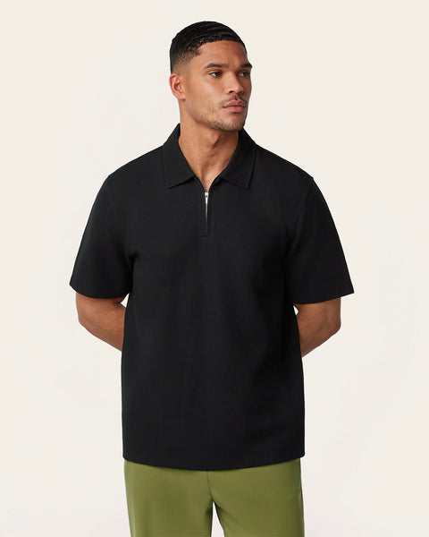 Black Relaxed Fit Zip Polo – Odour Resistant | LABFRESH